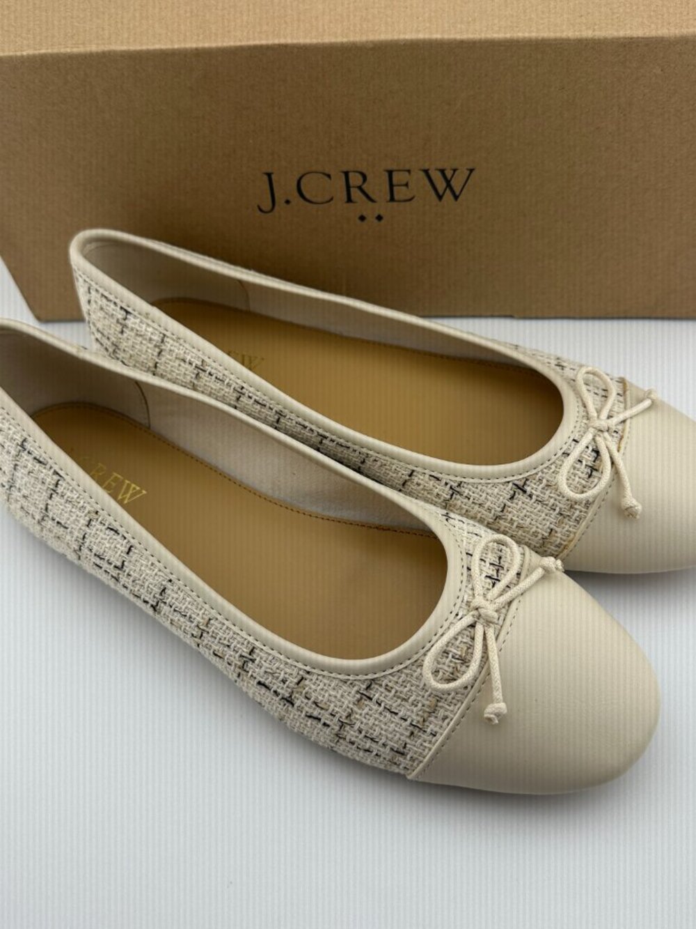 J. CREW TWEED BALLET FLATS NATURAL IVORY CREAM BOW SLIP ON WOMEN'S SHOE SIZE 7,5 - Picture 5 of 12